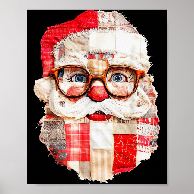Patchwork Santa Claus Face Preppy Girly Christmas  Poster (Front)