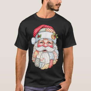 Patchwork Santa Claus Face Preppy Girly Christmas T-Shirt