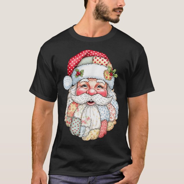 Patchwork Santa Claus Face Preppy Girly Christmas  T-Shirt (Front)