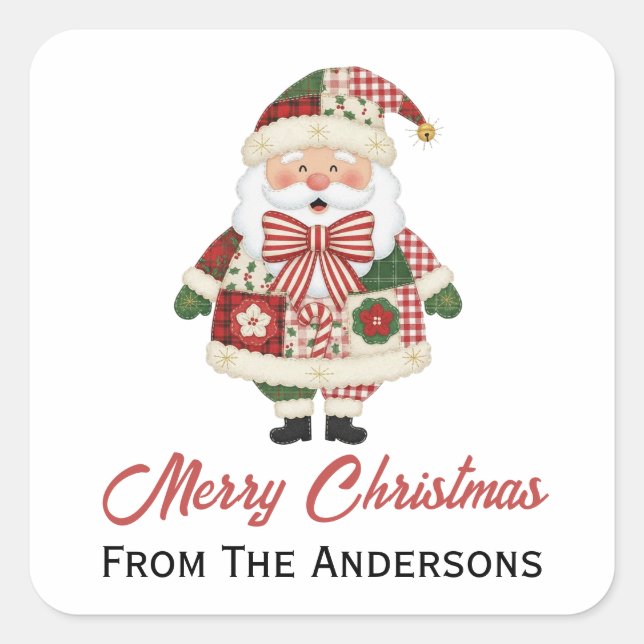 Patchwork Santa Red Christmas Holiday Square Sticker (Front)