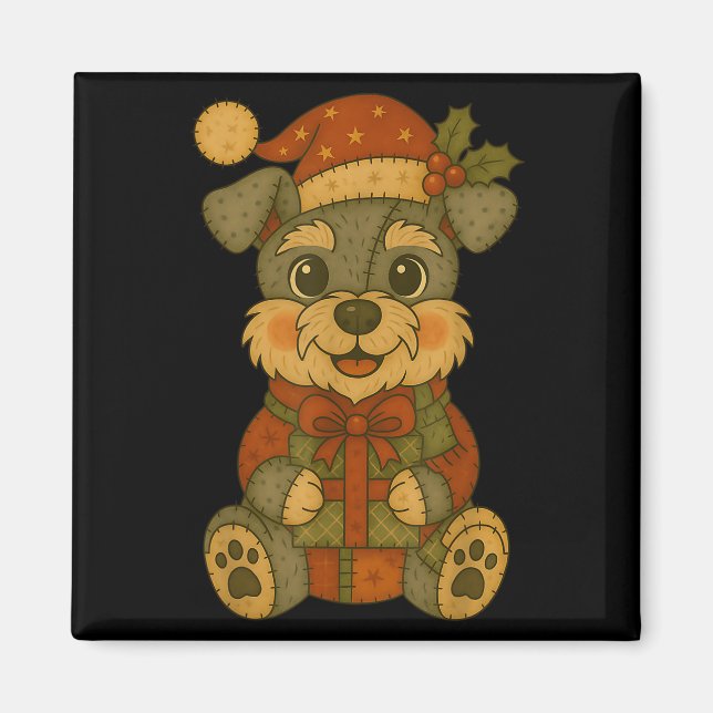 Patchwork Schnauzer Dog With Santa Hat For Christm Magnet (Front)