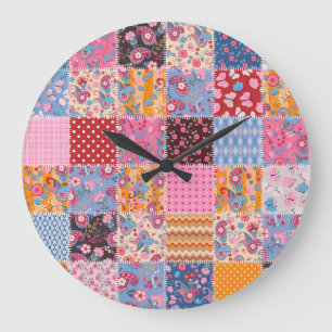 Patchwork seamless, cute fabric pattern. large clock