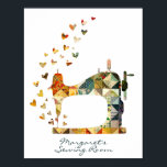 Patchwork Sewing Machine Hearts Poster<br><div class="desc">This fabulous sewing room poster contains a patchwork sewing machine design in beautiful shades - complete with hearts. Perfect for sewing room wall art decor - or gift to a quilter.</div>