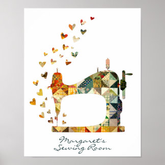 Patchwork Sewing Machine Hearts Poster