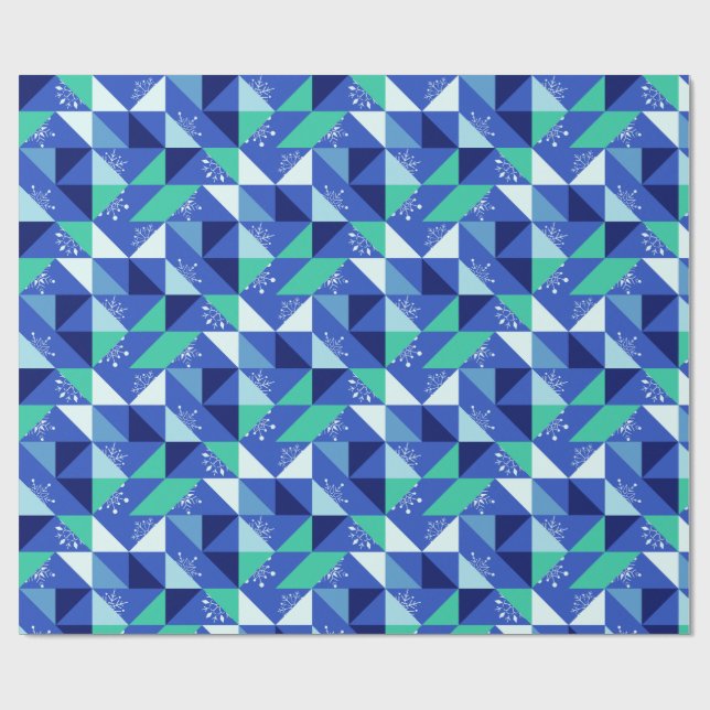 Patchwork Snowflakes - Blue Background Wrapping Paper (Flat)
