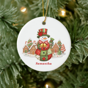 Patchwork Snowman Christmas Ceramic Ornament