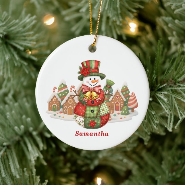 Patchwork Snowman Christmas Ceramic Ornament (Tree)