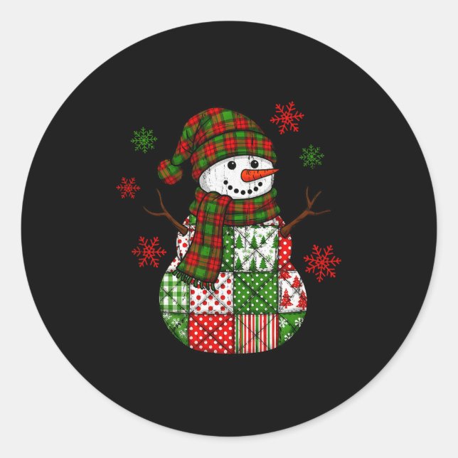 Patchwork Snowman, Retro Funny Christmas  Classic Round Sticker (Front)
