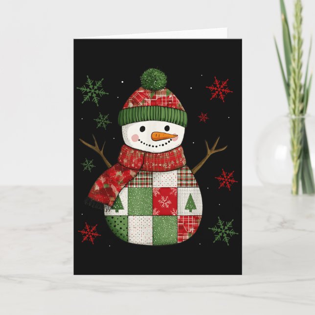Patchwork Snowman Retro Funny Christmas Snowman Ho Card (Front)
