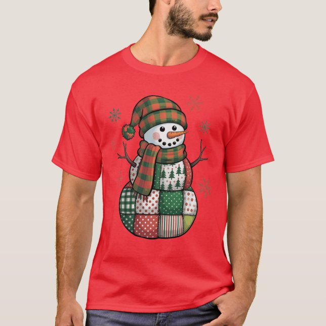 Patchwork Snowman Retro Funny Christmas Xmas Snowm T-Shirt (Front)
