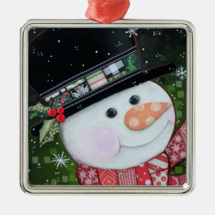 Patchwork Snowman Square Pewter Ornament