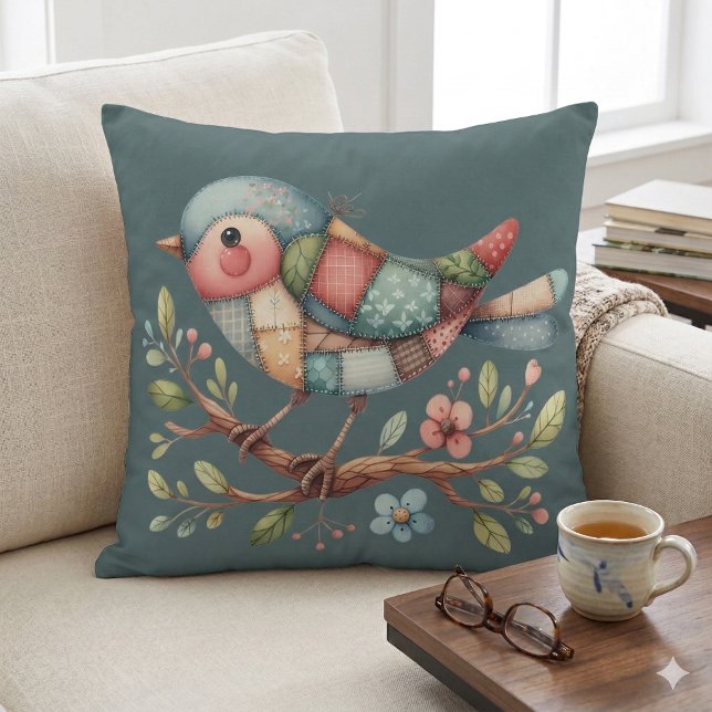 Patchwork Songbird on Blooming Branch Cushion (Patchwork Songbird on Blooming Branch Throw PilloW Mockup A)