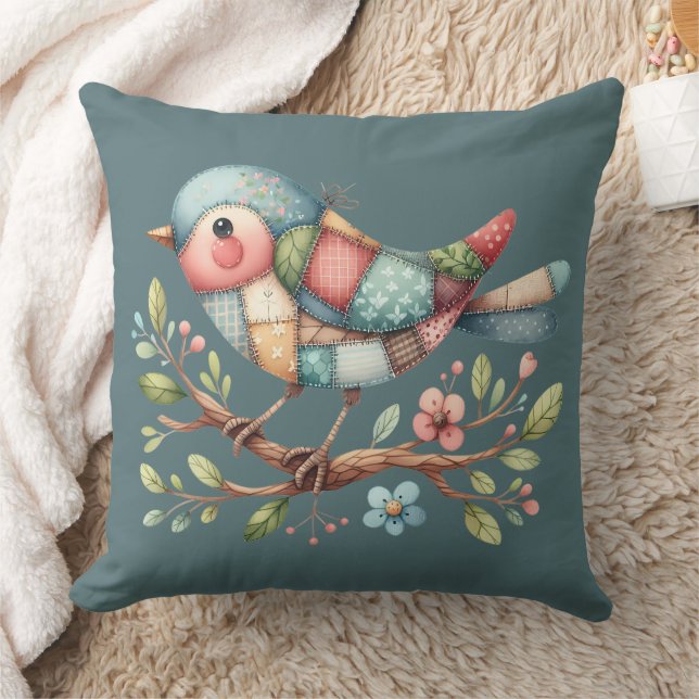 Patchwork Songbird on Blooming Branch Cushion (Blanket)