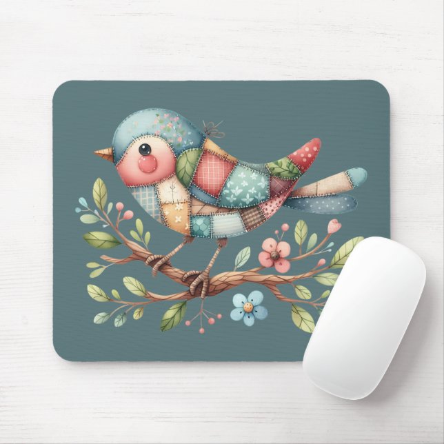 Patchwork Songbird on Blooming Branch Mouse Pad (With Mouse)