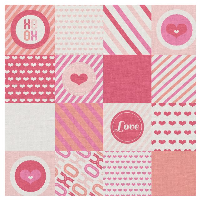 Patchwork Square Love XOXO Hearts Valentine Fabric (Close Up)