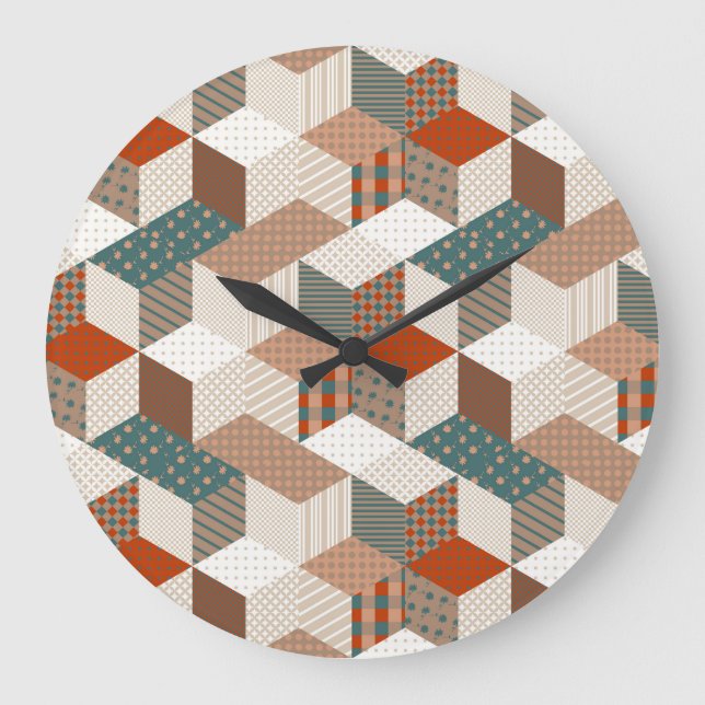 Patchwork Stars Vintage Brown Green Large Clock (Front)