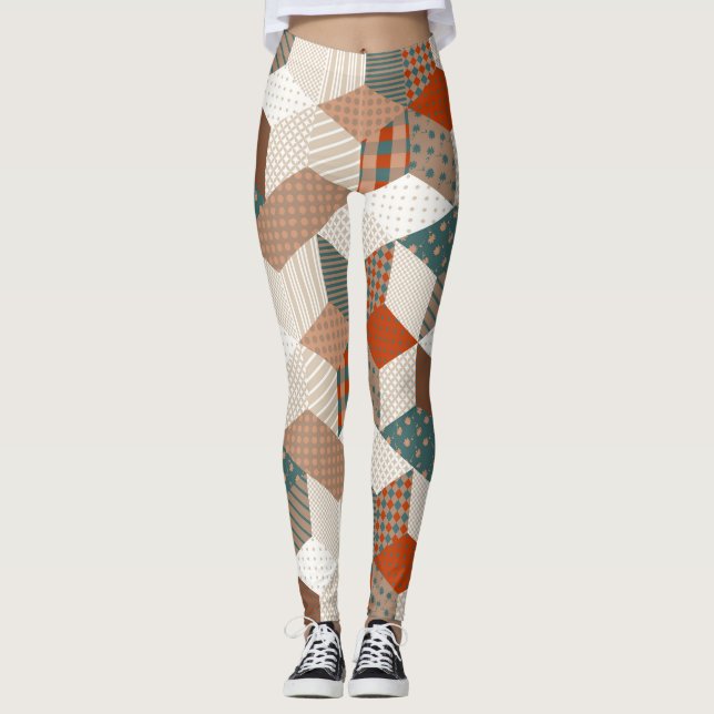 Patchwork Stars Vintage Brown Green Leggings (Front)
