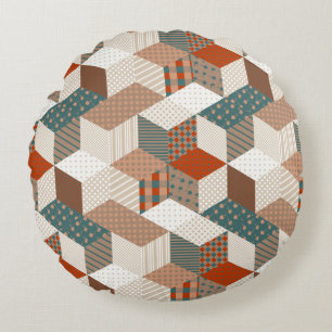 Patchwork Stars Vintage Brown Green Round Cushion