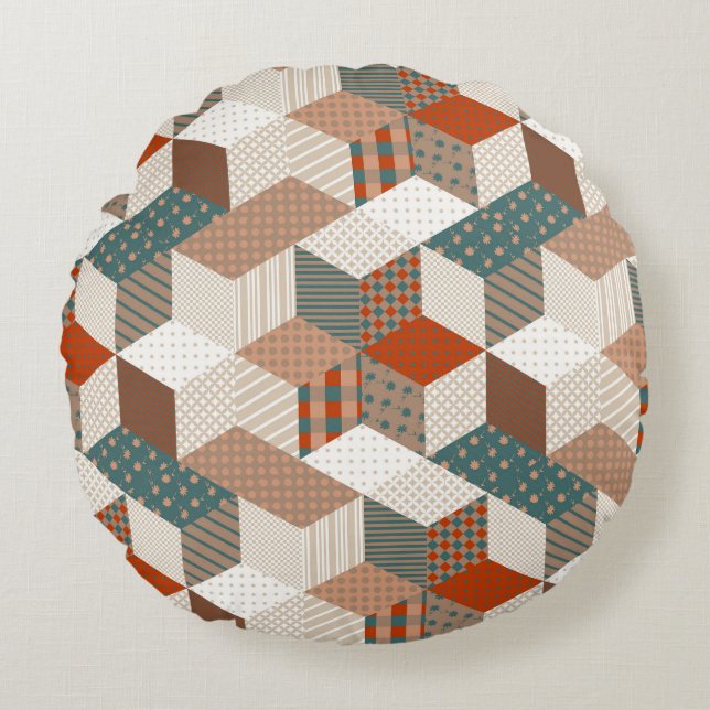 Patchwork Stars Vintage Brown Green Round Cushion (Front)