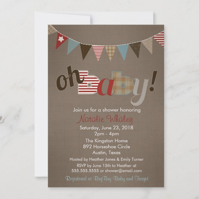 Patchwork Stitch Rustic Quilt Banner Baby Shower Invitation (Front)