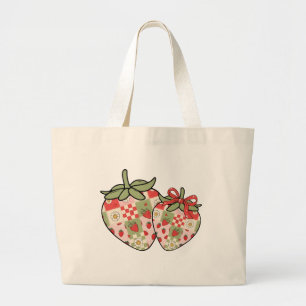 Patchwork Strawberry Hearts Cute Coquette Art Large Tote Bag
