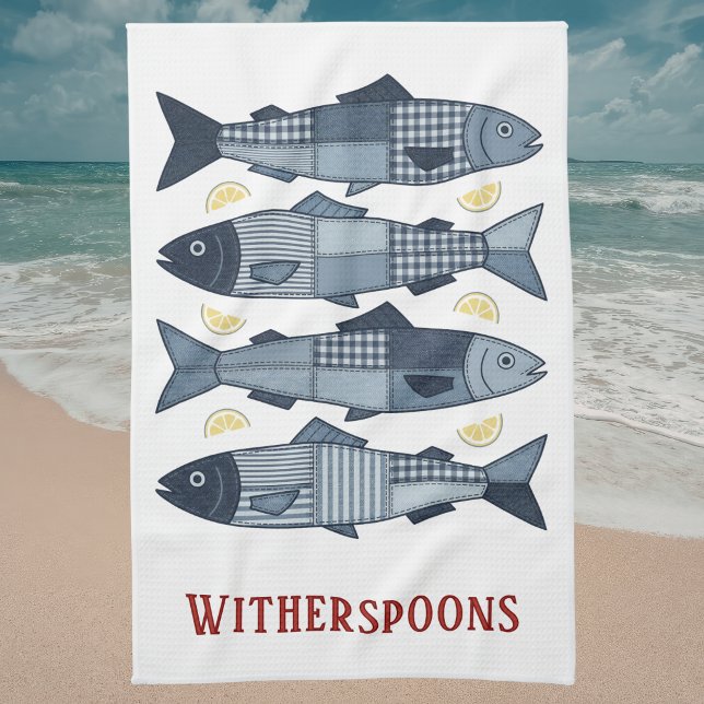 Patchwork Style Sardines Coastal Beach Theme Tea Towel (Creator Uploaded)