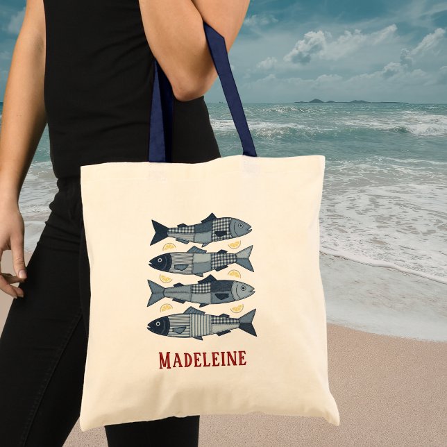 Patchwork Style Sardines Coastal Beach Theme Tote Bag (Creator Uploaded)