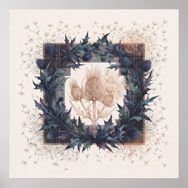Patchwork Tartan Thistle Teasel Scottish Wreath Poster (Front)