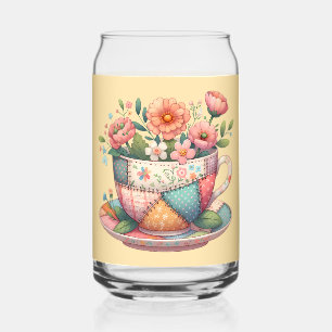 Patchwork Teacup with Whimsical Flowers Can Glass