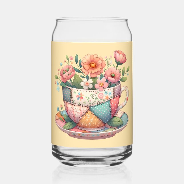 Patchwork Teacup with Whimsical Flowers Can Glass (Front)