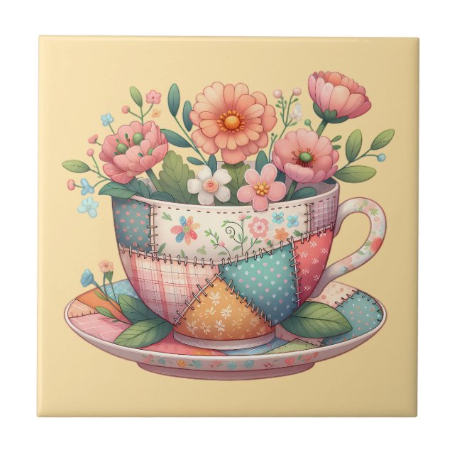 Patchwork Teacup with Whimsical Flowers Ceramic Tile (Front)