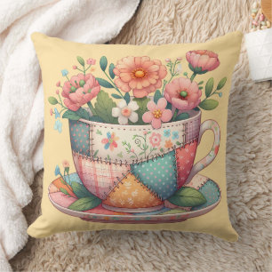 Patchwork Teacup with Whimsical Flowers Cushion