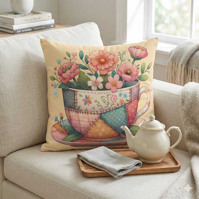 Patchwork Teacup with Whimsical Flowers Cushion (Patchwork Teacup with Whimsical Flowers Throw Pillow Mockup A)