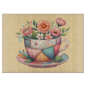 Patchwork Teacup with Whimsical Flowers Cutting Board