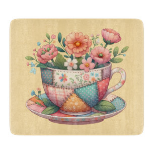Patchwork Teacup with Whimsical Flowers Cutting Board