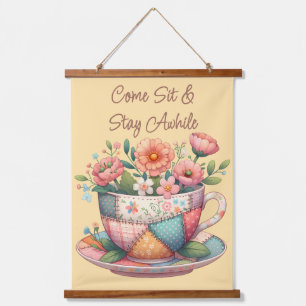 Patchwork Teacup with Whimsical Flowers Hanging Tapestry