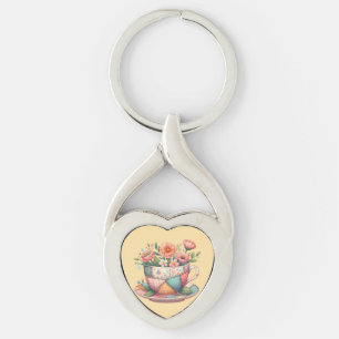 Patchwork Teacup with Whimsical Flowers Key Ring
