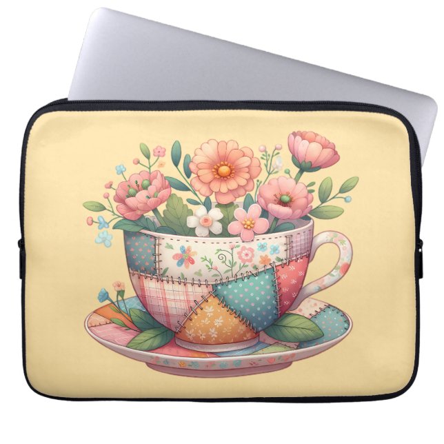 Patchwork Teacup with Whimsical Flowers Laptop Sleeve (Front)