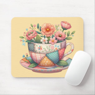 Patchwork Teacup with Whimsical Flowers Mouse Pad