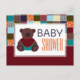 Patchwork Teddy Bear, Baby Shower Invitation
