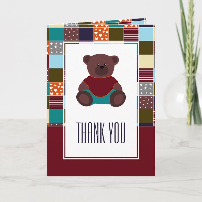 Patchwork Teddy Bear, Baby Shower Thank You (Front)
