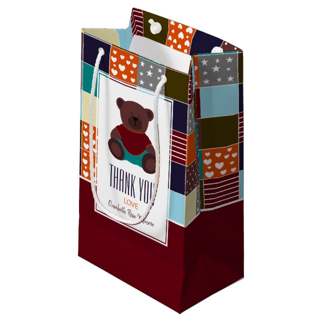 Patchwork Teddy Bear, Baby Shower Thank You Favour Small Gift Bag (Front Angled)