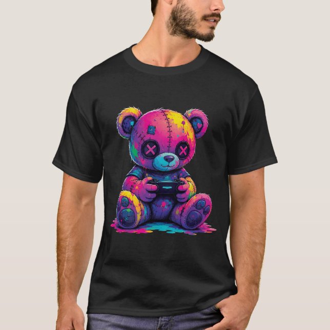 Patchwork Teddy Bear Gamer Controller Goth Pastel  T-Shirt (Front)