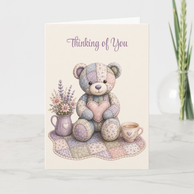 Patchwork Teddy Bear Thinking of You Folded Card (Front)