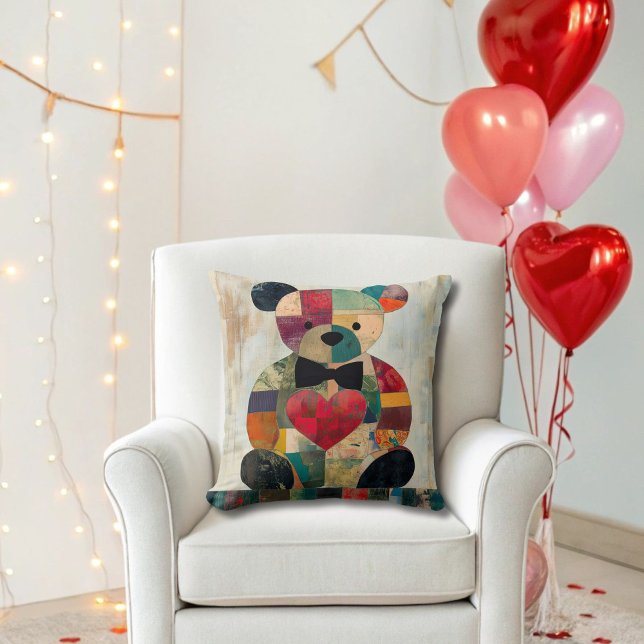 Patchwork Teddy Bear Throw Pillow (Creator Uploaded)