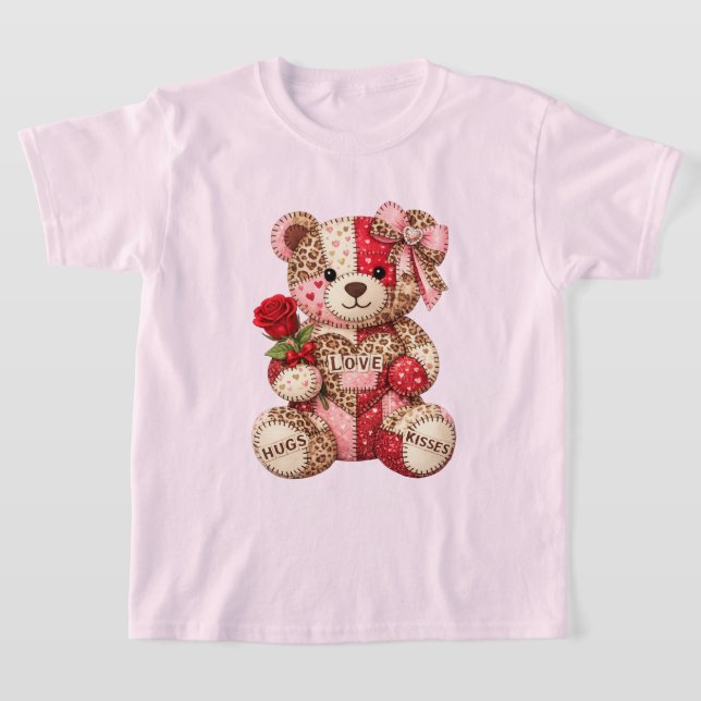 Patchwork Teddy Bear Valentine — Quilted Leopard  T-Shirt (Laydown)