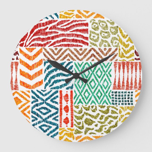 Patchwork Textures: Hand-Drawn Animal Print Large Clock (Front)