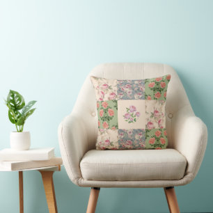 Patchwork Throw Pillow with Beautiful Pink Roses