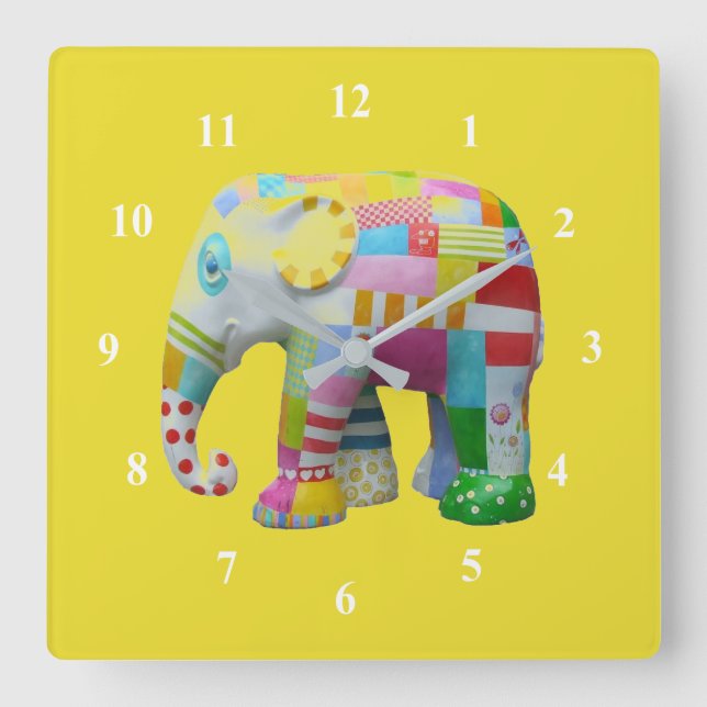 Patchwork  toy elephant kids room square wall clock (Front)