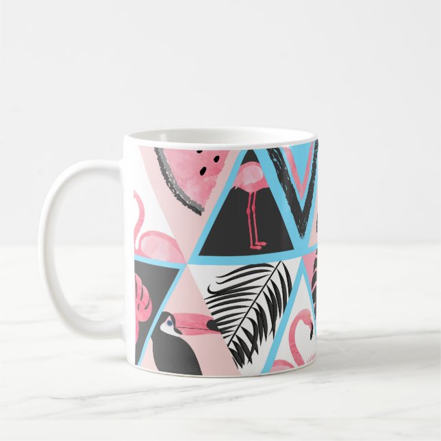 Patchwork tropical flamingo, palm pattern. coffee mug (Left)
